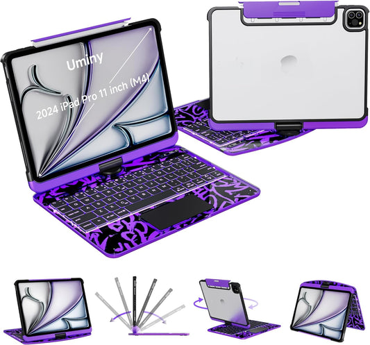 iPad Keyboard Case for 2024 M4 iPad Pro 11 inch, Magic Wireless Keyboard with Trackpad 7 Color Backlit, 360° Rotating Stand Transparent Protective Cover with Pencil Holder (Purple)