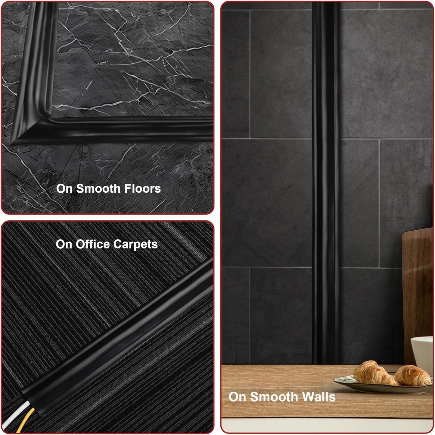 16.4ft Cord Cover Floor, Soft PVC Cord Covers for Wires on Floor, Self-Adhesive Floor Cable Cover Cord Hider, Floor Cable Management Cable Protector for Commercial Office Carpet/Floors/Wall Black