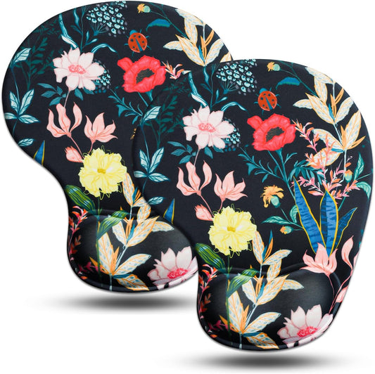 JIKIOU Mouse Pad, 2 Pack Ergonomic Mouse Pads with Comfortable Gel Wrist Rest Support and Smooth Cloth, Non-Slip PU Base for Easy Typing Pain Relief Durable and Easy to Clean Small Black Flowers