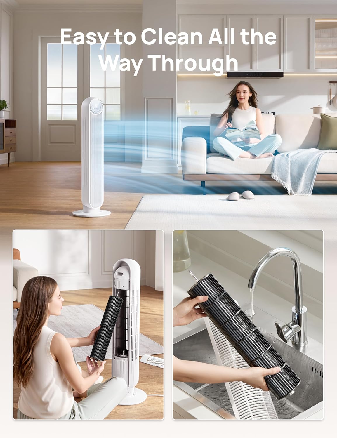 Dreo Tower Fan for Bedroom, 25ft/s Velocity Quiet Floor Fan, 90° Oscillating Fans for Indoors with 4 Speeds, 4 Modes, 8H Timer, Standing Fans, Bladeless Fan, White, Nomad One (DR-HTF007)