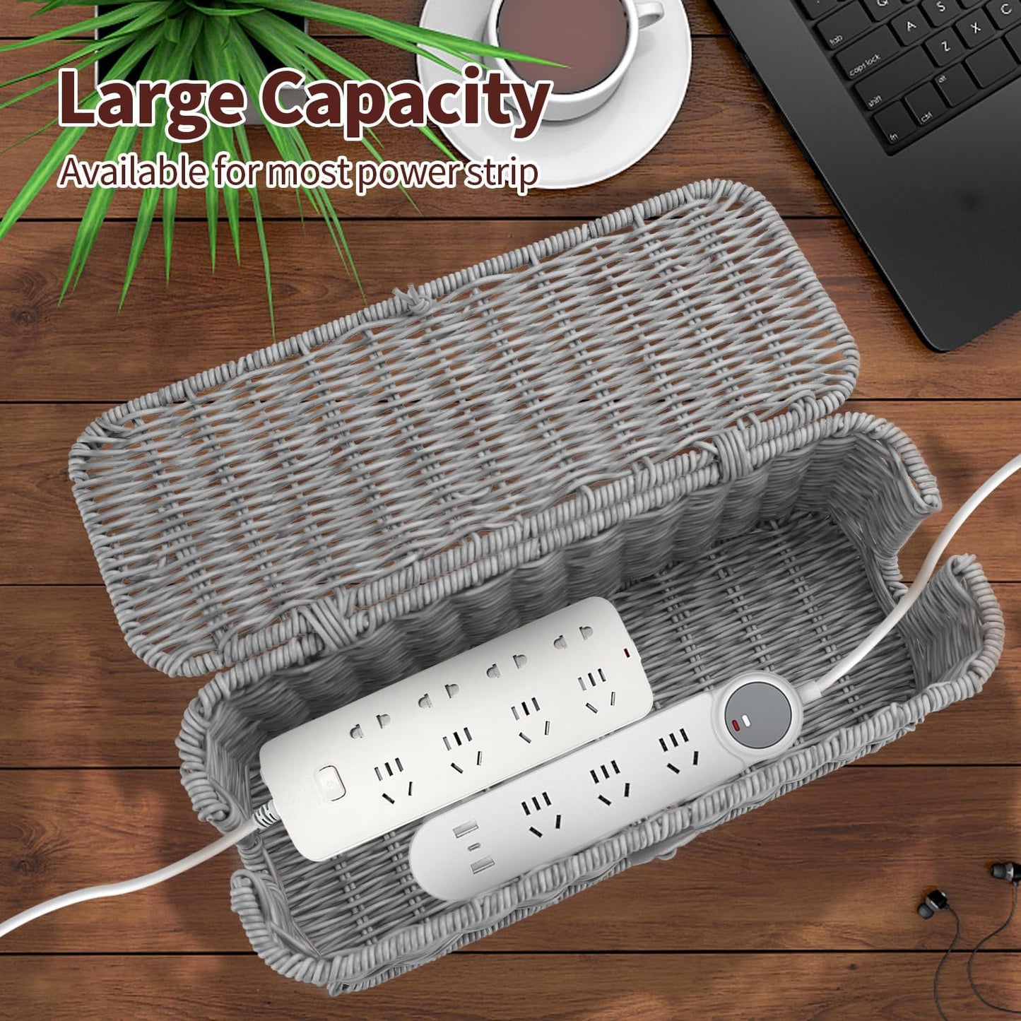 Cable Management Box, Woven Rattan Cord Hider With Lid & Button Lock, Floor Cord Holder for Power Strip USB Hub, Boho Desk Wicker Wires Storage Cable Organizer Box(grey)