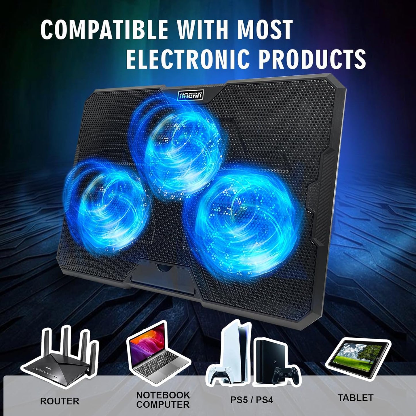 NAGAN Laptop Cooling Pad with 3 Fans, Ergonomic Cooling Pad for Laptop with Dual USB 2.0 Ports, USB Powered Metal Mesh Gaming Notebook Cooler, Fits 15-17.3 inch Laptops