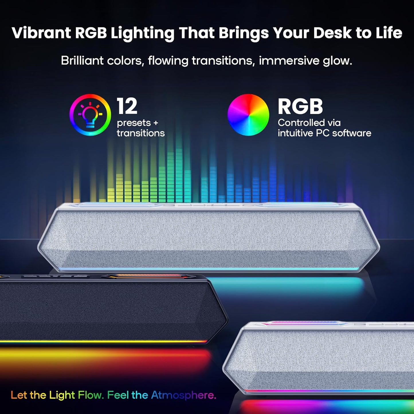 Deeyaple Computer Speakers, 40W Wireless Soundbar for Desktop PC with Bluetooth 5.3 & USB Audio, Dynamic RGB Lighting, Software Custom EQ, External Power Adapter Gaming Speakers, Laptop, Xbox White