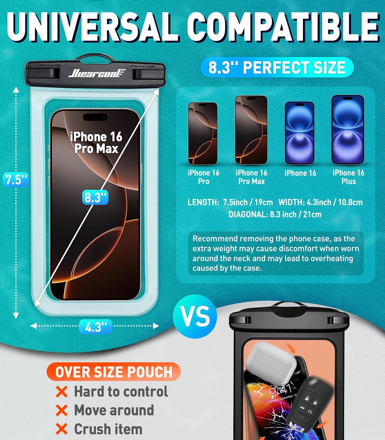 Hiearcool Universal Waterproof Phone Pouch,IPX8 Cell Phone Waterproof Case Up to 8.3" for iPhone 16 15 14 13 Pro Max,Beach Essentials Vacation Must Haves-Clear&Bright Red-2Pack