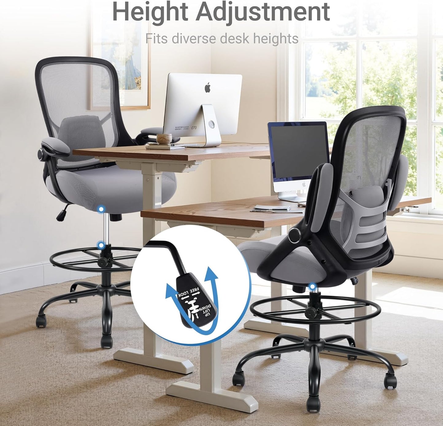 HYLONE 400lbs Heavy Duty Drafting Chair 5" Thickened Seat Office Chair with Flip-Up Armrests Tall Ergonomic Computer Chair with Lumbar Support and Adjustable Footrest Ring Standing Desk Chair(Grey)