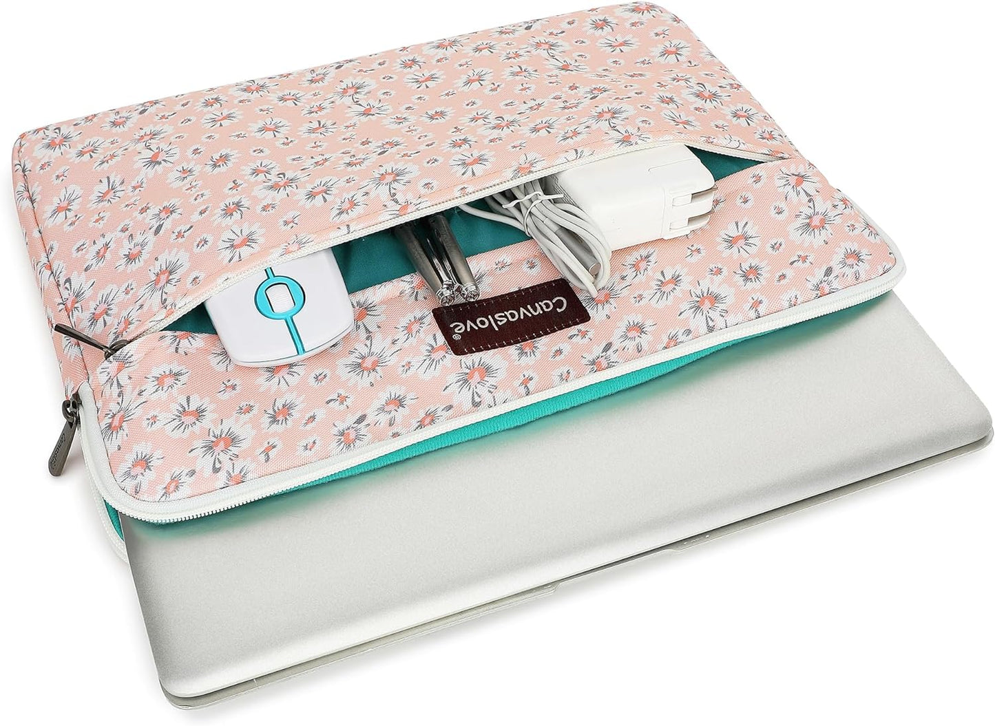 Canvaslove Pink Chrysanthemum Laptop Sleeve Case Bag With Pocket for MacBook Pro 14 inch,Surface Laptop 14.4 inch and HP Lenovo Dell ASUS Acer 14 inch Laptop Computer