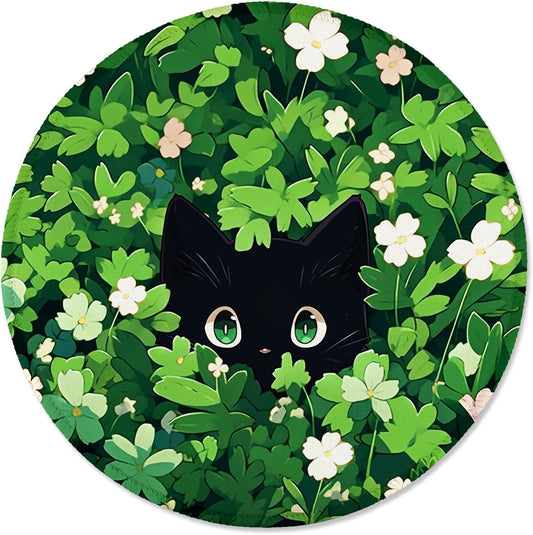 ITNRSIIET Round Mouse Pad with Stitched Edge Premium-Textured Waterproof Non-Slip Rubber Base Desktop Protection Mat Diameter 8.7 inches, Green Leave Cat