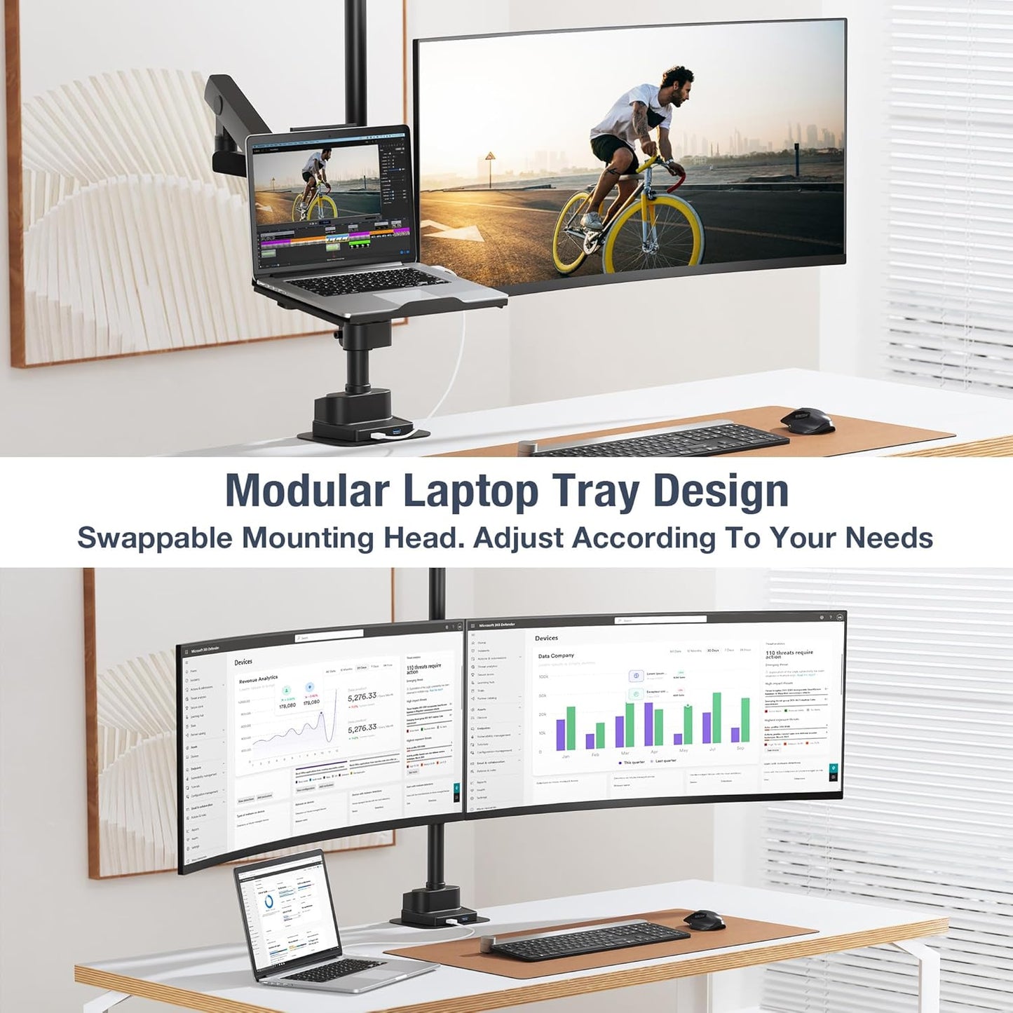 AVLT Laptop & 40 Inch Monitor Arm Pole Top Mount With USB-C USB-A Ports-Black, VESA Compatible, Supports 26.4 lbs (12 kg), Ultrawide Screen Fit, Adjustable Height, Tilt Swivel Rotate, Cable Management