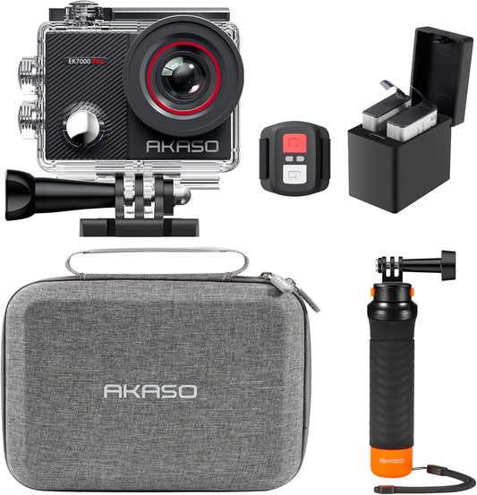 AKASO EK7000 Pro 4K30 Action Camera with Touch Screen EIS 131FT Waterproof Underwater Camera 5X Zoom Remote Control with Waterproof Floating Hand Grip Bundle and Carrying Case Accessories Kit Bundle