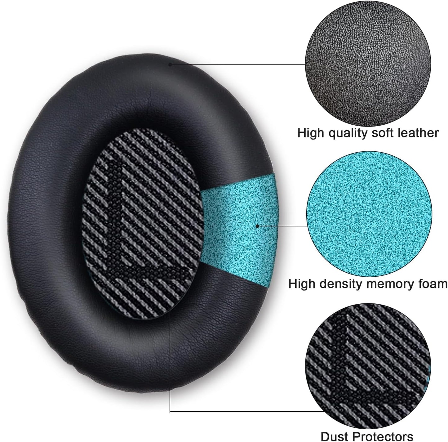 Ear Pads for Bose Quiet Comfort 35 Soft Protein Leather Replacement Earpads Ear Cushions Ear Pad for Bose QC 45/35 / 25/15 QC2 / Ae2 / Ae2i / Ae2W / Sound Link/Sound True (QC35-Black&Black)
