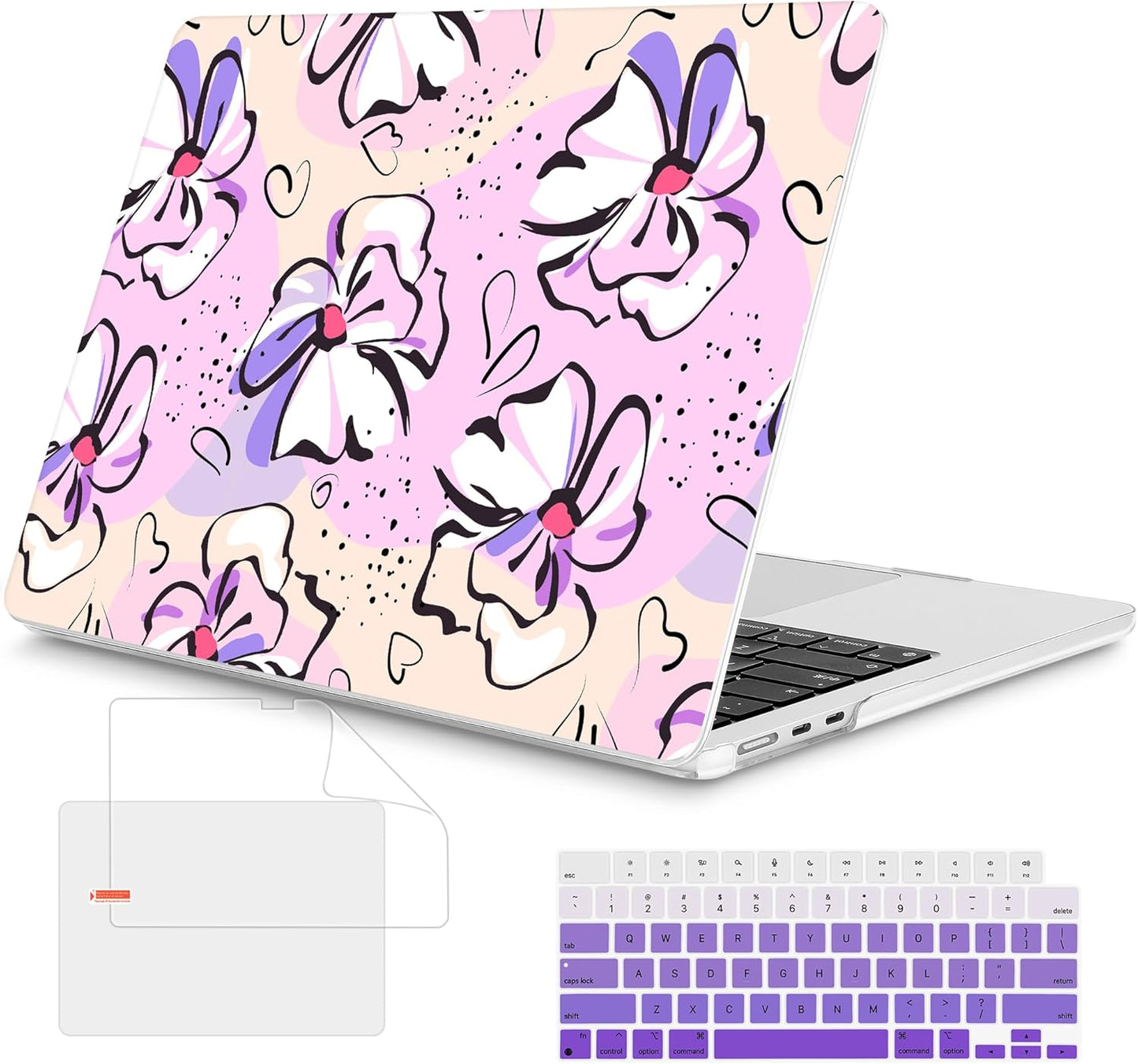 Mektron for 2025 MacBook Air 15 inch M4 Case A3241/ 2024 M3 A3114/ 2023 A2941 M2 Hard Printed Case with 15.3 Liquid Retina Display Touch ID, Plastic Hard Cover & Keyboard Skin- Pink Flowers