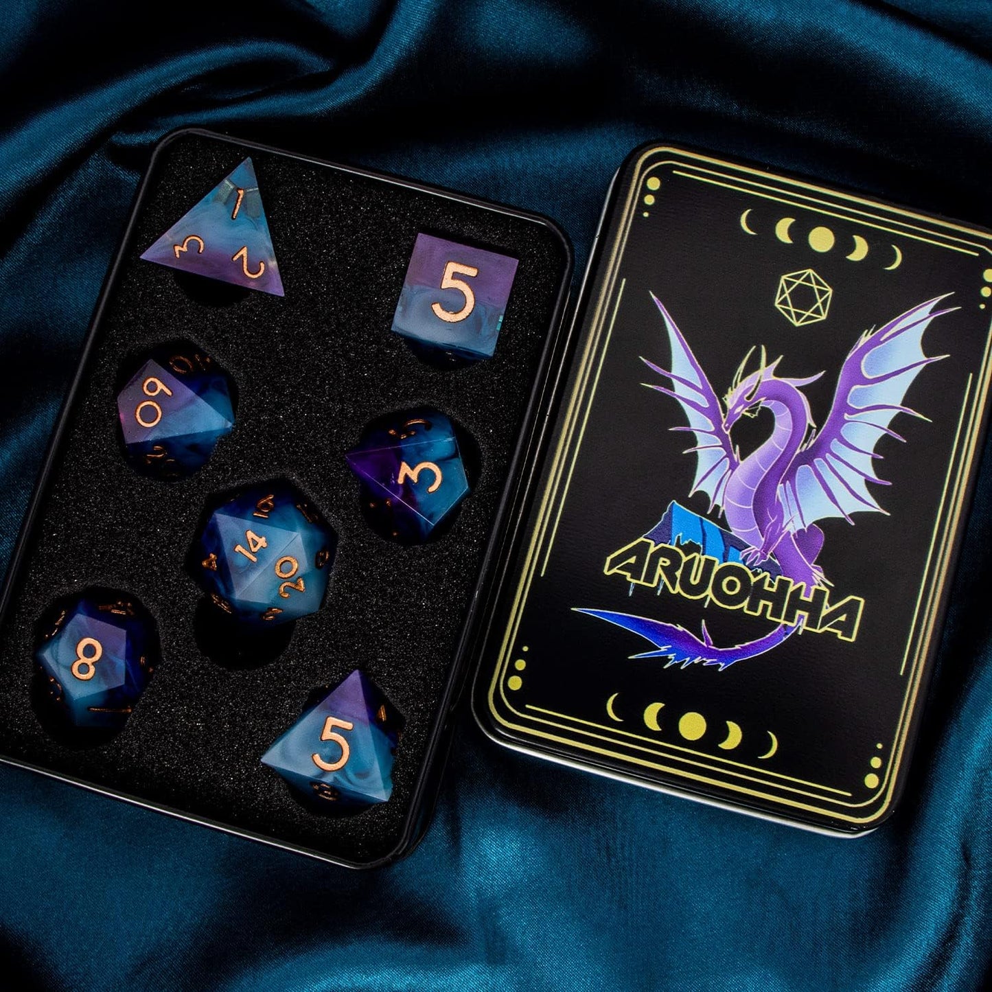 ARUOHHA DND Sharp Edged Dice Set, 7pcs Translucent Polyhedral Dice Set with Gift Box, Resin D and D Dice Set RPG Role Playing Game D20 D12 D10 D8 D6 D4