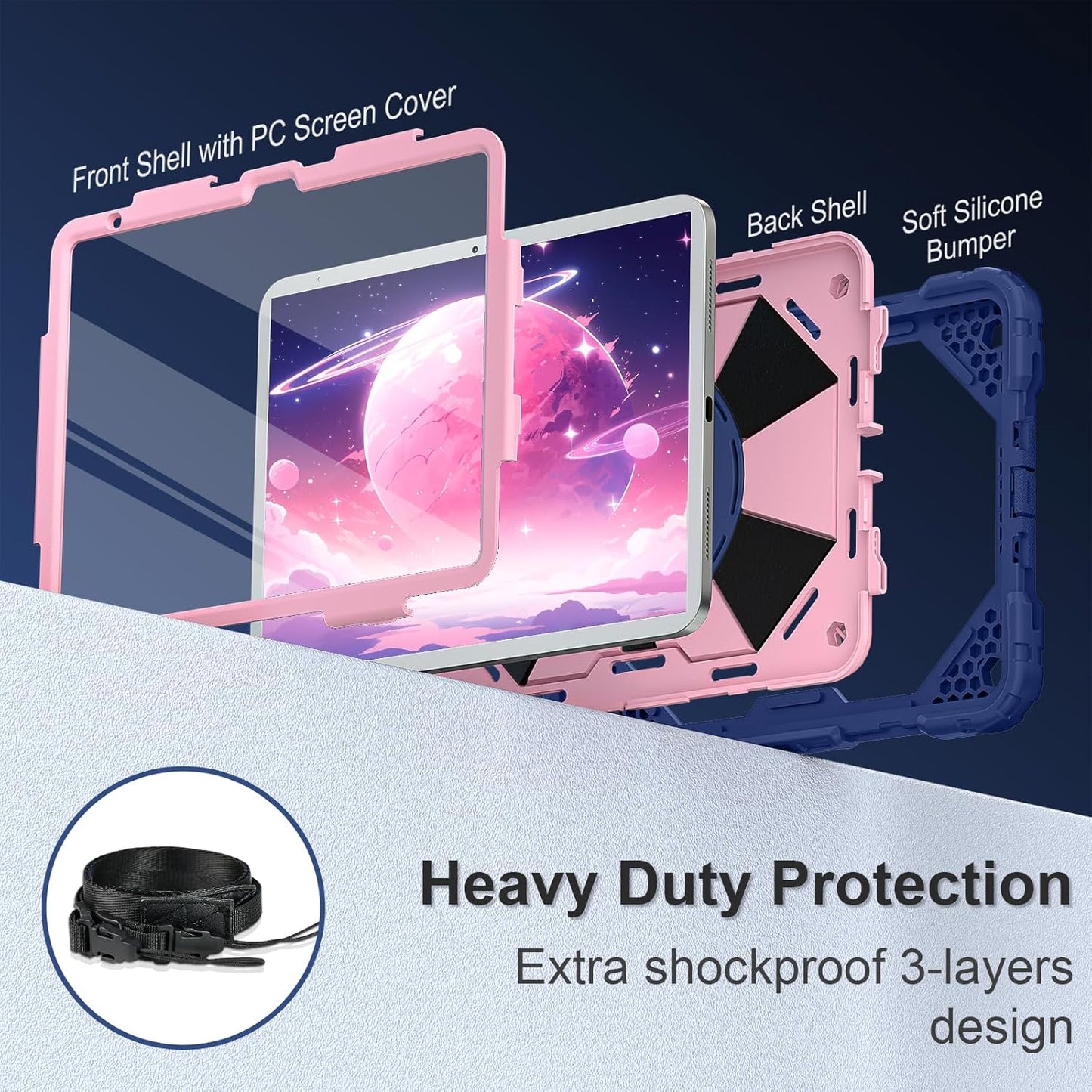 Case for iPad (A16) 11th Generation 11 Inch (2025), iPad 10th Generation Case 10.9 Inch (2022), Shockproof Cover with 360° Rotating Stand Screen Protector Pen Holder Shoulder Strap, Navy Rose
