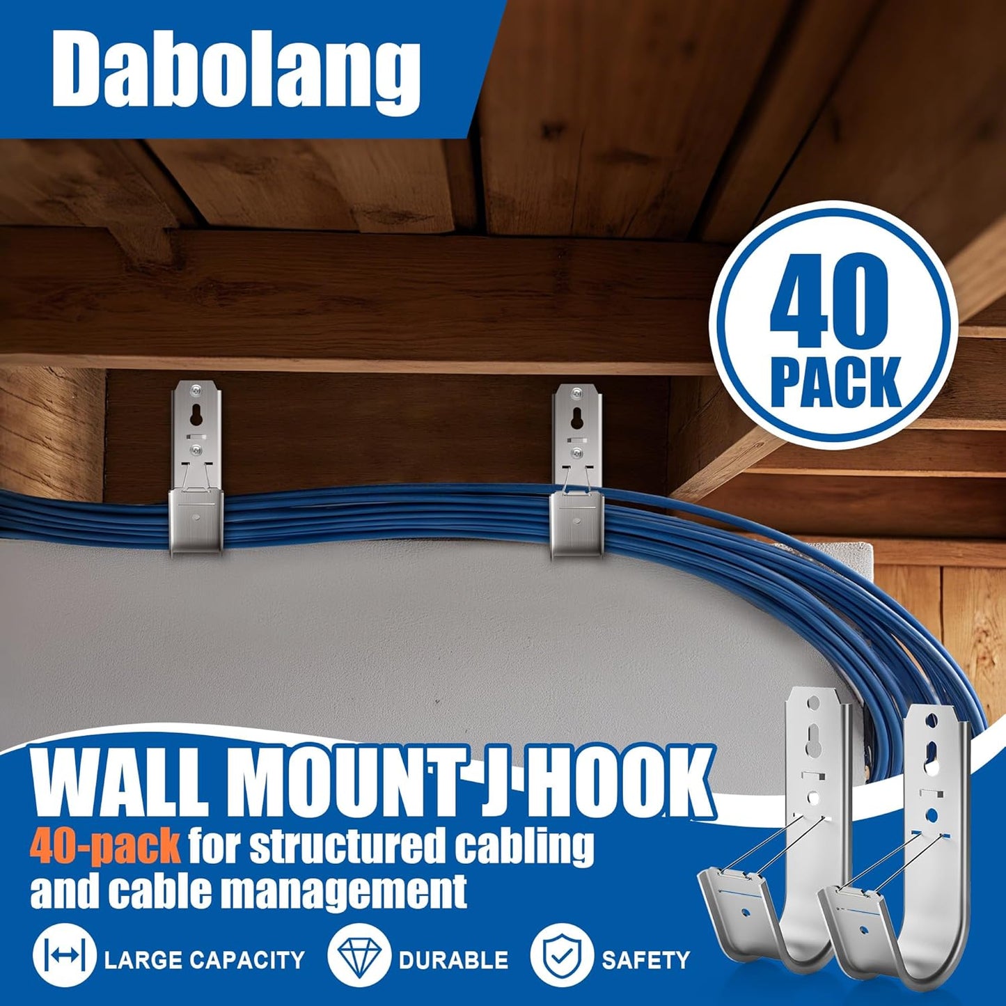 40 Pack J Cable Hook with Retainer Clip, 2-Inch Heavy Duty Wall Mount J-Hooks,J-Hook for Hanging Cable & Wire,Cable Hooks for Structured Cabling and Cable Management
