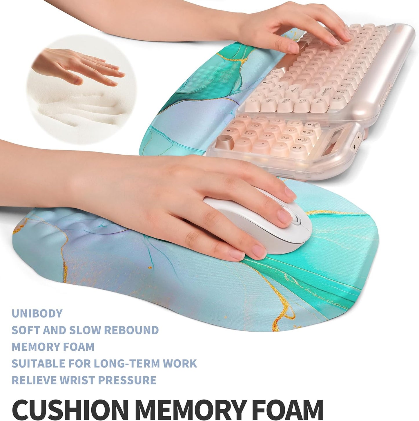 2-in-1 Ergonomic Set, Wave Keyboard Wrist Rest and Massage Slope Mouse Pad Wrist Support, Rebound Memory Foam for Relieve Carpal Tunnel Syndrome and Wrist Pain (Green Gold Marble)