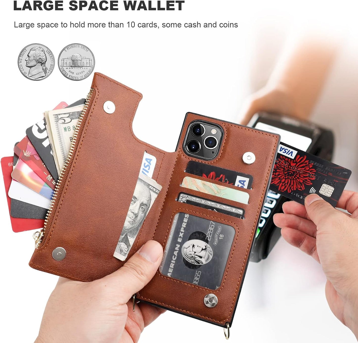 Bocasal Crossbody Wallet Case for iPhone 11 Pro Max with Card Holder,Zipper Card Slot Protector Shockproof Purse Cover with Removable Cross Body Strap 6.5 Inch(Brown)