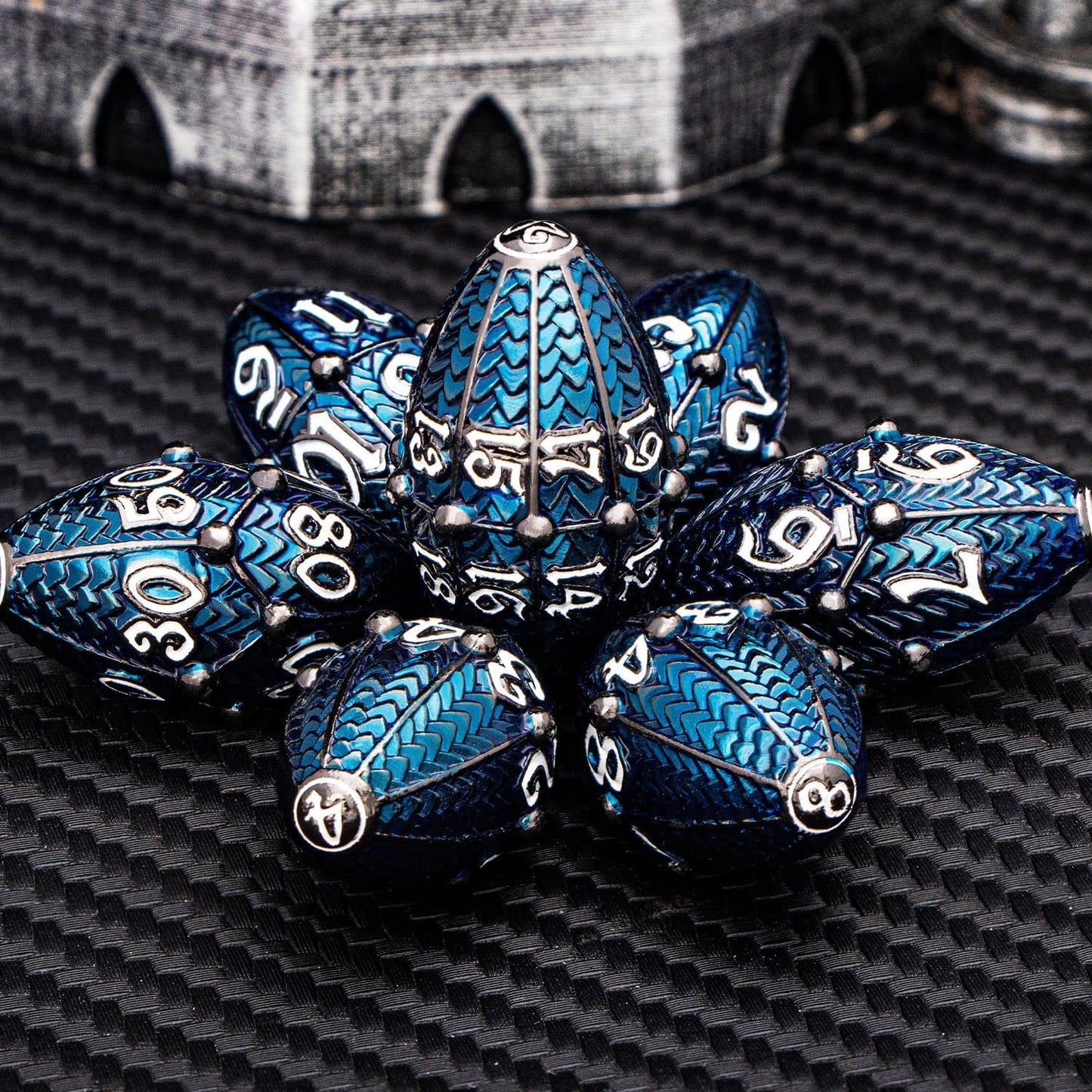 ARUOHHA DND Metal Dice Black Blue Dragon Egg Dice with Metal Box, Role Playing Game Polyhedral D and D Dice Set D20 D12 D10 D8 D6 D4