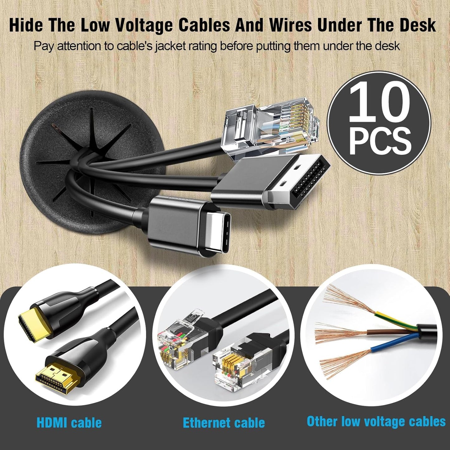 2-3/8" Black Desk Grommet, JTemgle Flexible Cable Grommet Rubber Cable Hole Cover Wire Organizer Caps Desktop Cord Management for Home Office TV Stands Tabletops, 10 Pieces