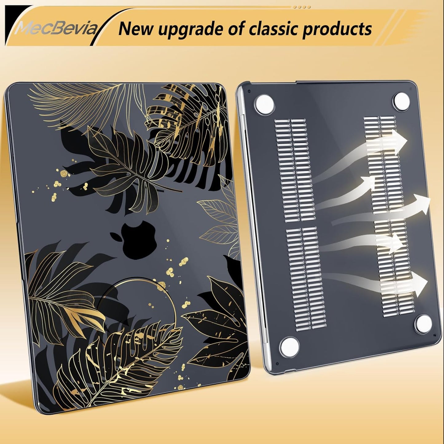 Compatible with MacBook Air 13.6 inch Case, M4 A3240/M3 A3113/M2 A2681 (Released 2025 to 2022), Hard Shell, Keyboard Cover, Screen Protector, Webcam Cover & Type-C Adapter, Gold Tropical Leaf