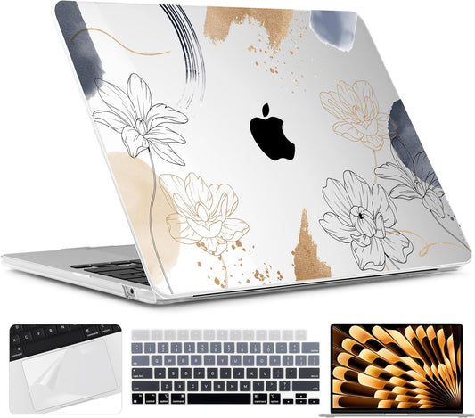 TWOLSKOO Compatible with M4 MacBook Air 15 inch Case 2025-2023 Released Model M4 A3241 M3 A3114 M2 A2941, Plastic Hard Shell & Screen Protector & Keyboard Cover & Trackpad Film, Florals X450