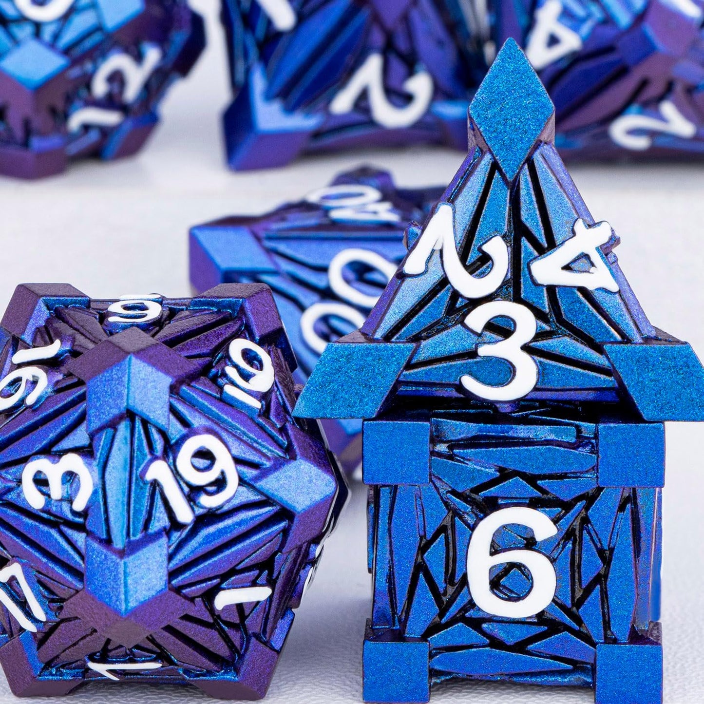7PCS Metal DND Dice Set with Box, Debris RPG Blue White D and D Dice for D&D Tabletop Games Role Playing Game Polyhedral Dice Set D20 D12 D10 D8 D6 D4