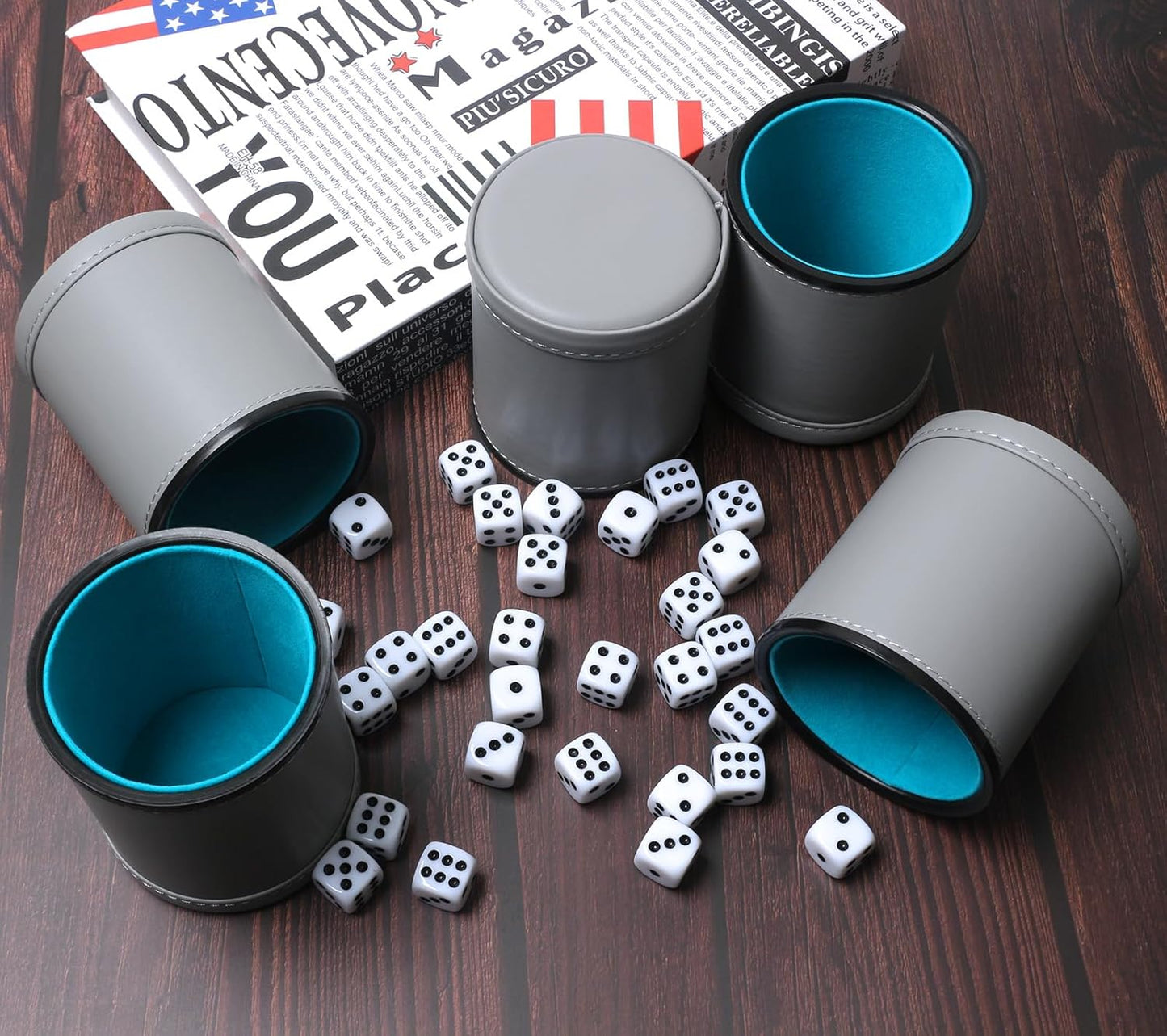 5 Pack PU Leather Dice Cups Felt Lining Quiet Shaker with 30 Dot Dice for Bar Party Yahtzee Farkle Dice Games, Grey