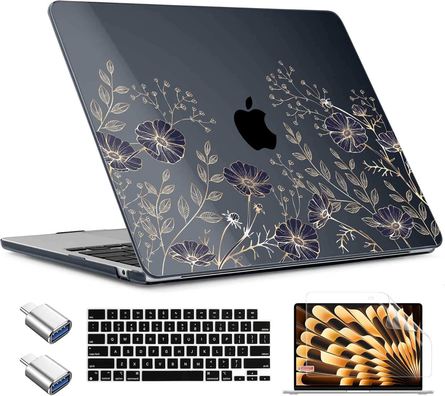 TWOLSKOO Compatible with M4 MacBook Air 13.6 inch Case 2025-2022 Release M4 A3240 M3 A3113 M2 A2681, Plastic Hard Shell & Keyboard Cover & Type C Adapter & Screen Protector, Golden Flowers