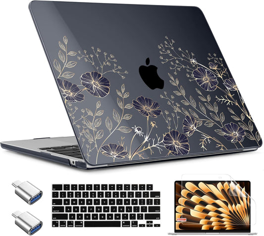 TWOLSKOO Compatible with M4 MacBook Air 13.6 inch Case 2025-2022 Release M4 A3240 M3 A3113 M2 A2681, Plastic Hard Shell & Keyboard Cover & Type C Adapter & Screen Protector, Golden Flowers
