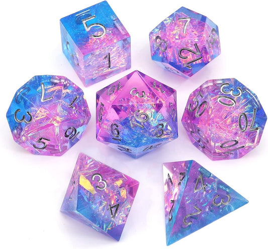 Haxtec Sparkling Sharp Edge Dice Set - Handmade Resin DND Dice with Iridescent Mylar Inclusion, Light Purple and Blue Color Mix-Enchanted Stardust