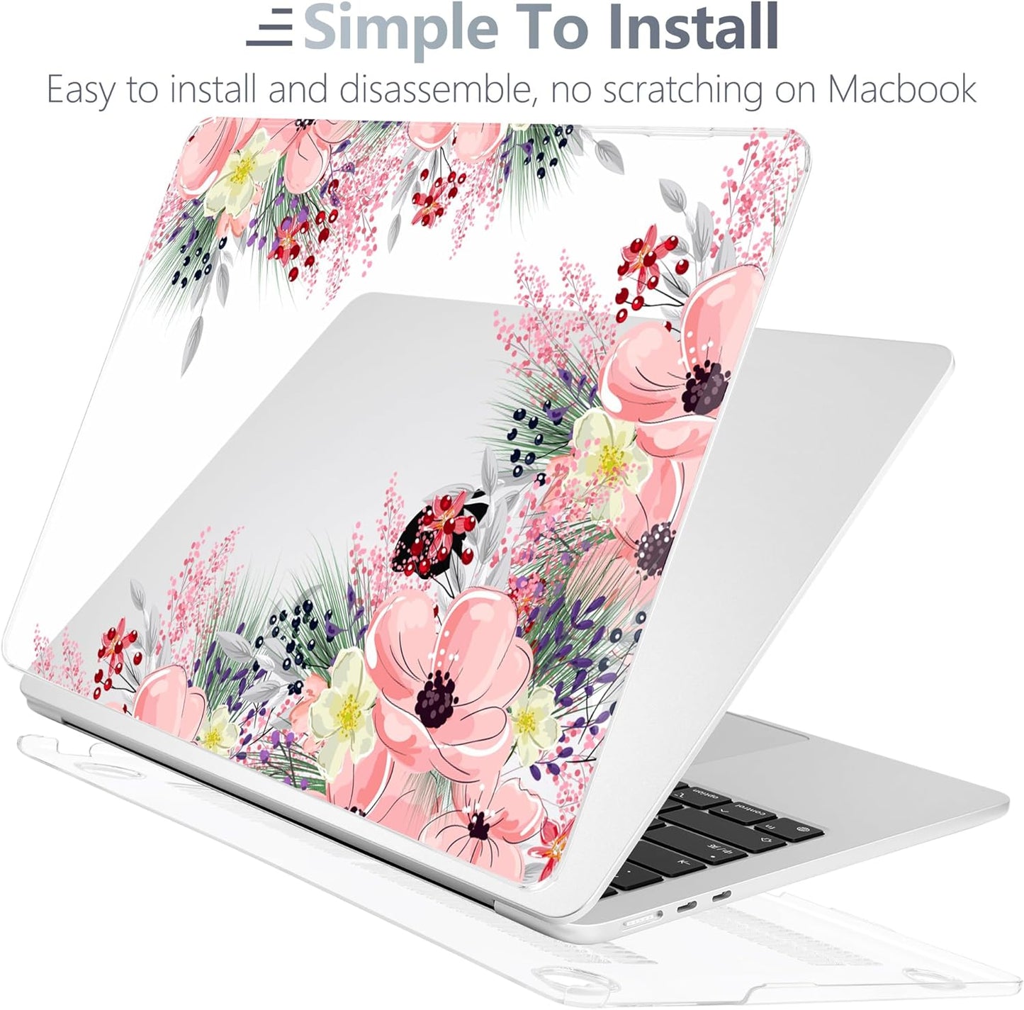 Batianda Premium Case for New MacBook Air 15 inch 2025 M4 2024 2023 with M3 M2 Chip Model A3241/A3114, Designed Protective Plastic Hardshell & Keyboard Cover & Screen Protector, Beautiful Floral