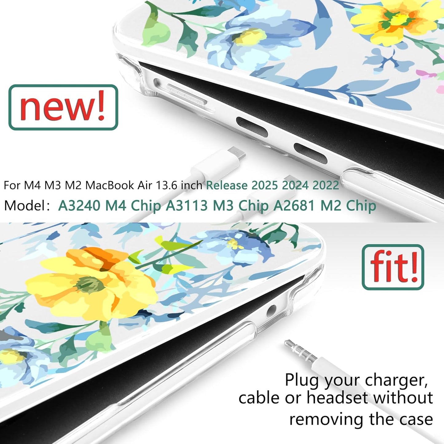 TWOLSKOO Compatible with M4 MacBook Air 13.6 inch Case 2025-2022 Release M4 A3240 M3 A3113 M2 A2681, Plastic Hard Shell & Keyboard Cover & Type C Adapter & Screen Protector, Blue Flowers