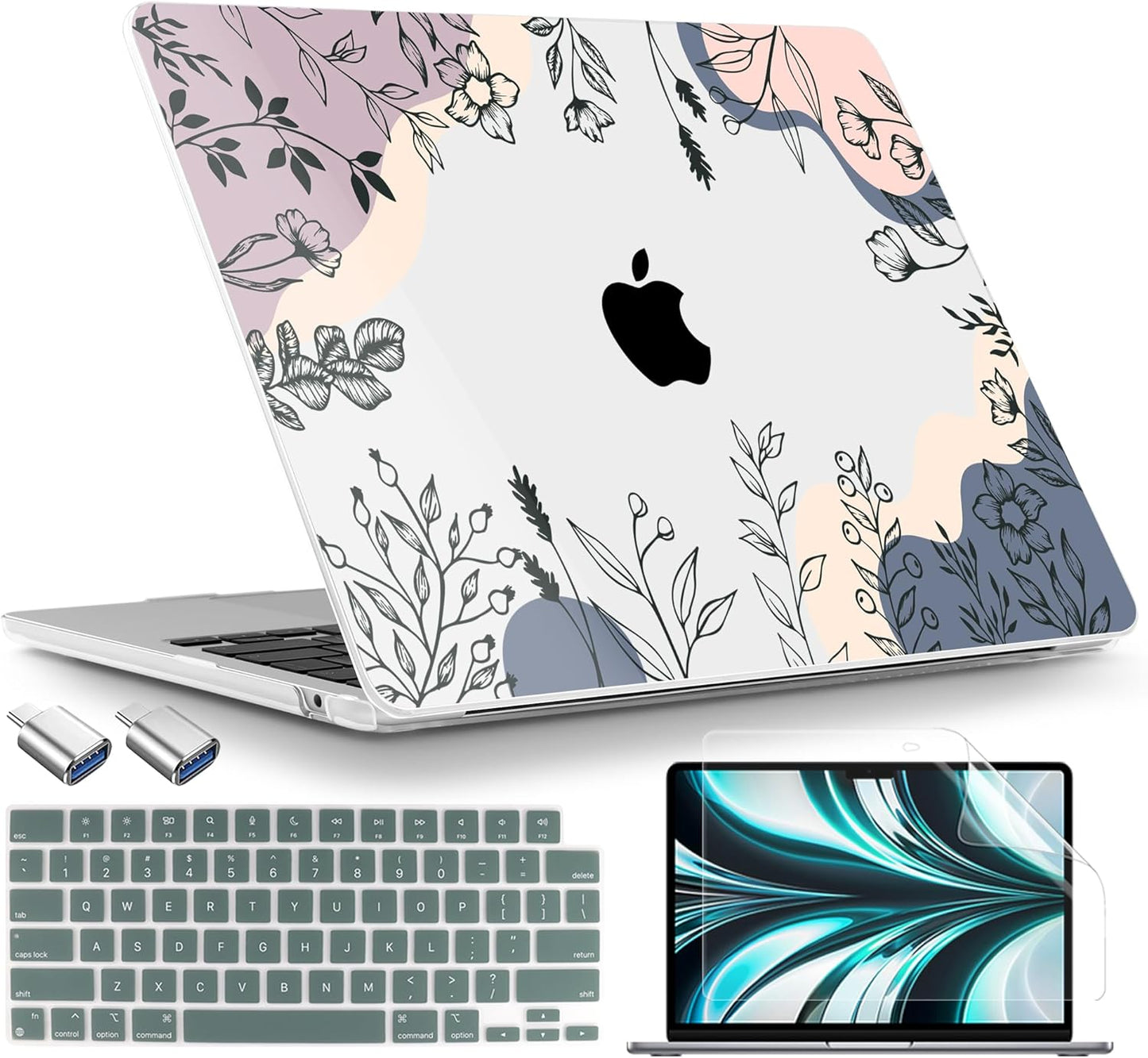 TWOLSKOO Compatible with M4 MacBook Air 13.6 inch Case 2025-2022 Release M4 A3240 M3 A3113 M2 A2681, Plastic Hard Shell & Keyboard Cover & Type C Adapter & Screen Protector, Spring Line Art