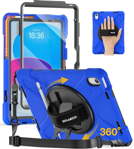 BRAECN for iPad (A16) 11th/10th Generation case 11/10.9 inch 2025/2022 Heavy Duty Shockproof Protective with Pencil Holder Screen Protector 360°Rotating Stand Handle & Shoulder Strap Full Body Cover