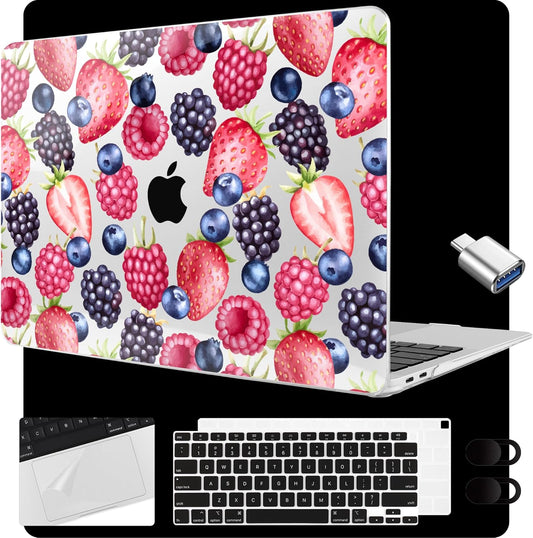 MEEgoodo for MacBook Air 13.3 inch Case 2021 2020 2019 2018 A2337 M1 A2179 A1932, Laptop Shell for MacBook Air M1 with Keyboard Webcam Cover & Trackpad Film & Type C Adapter,Fresh Berries Pattern