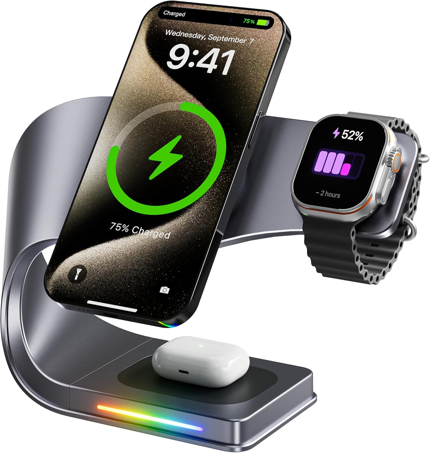 Wireless Charger, 3 in 1 Fast Charging Station for iPhone 15/14/13/12, Apple Watch, AirPods, 15W Magnetic Foldable Charging Dock, Portable Qi Wireless Charger Stand for Home, Office, Travel