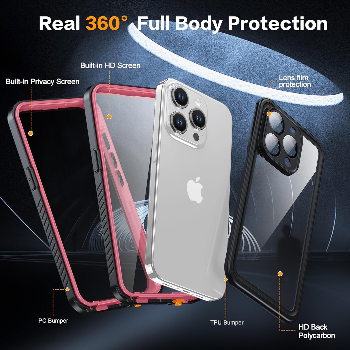 for iPhone 15 Pro Case Waterproof, Built-in Privacy Screen & HD Screen Double Front Frame [IP68 Underwater] Shockproof Dustproof Full Body Protection iPhone 15 Pro Phone Case Pink