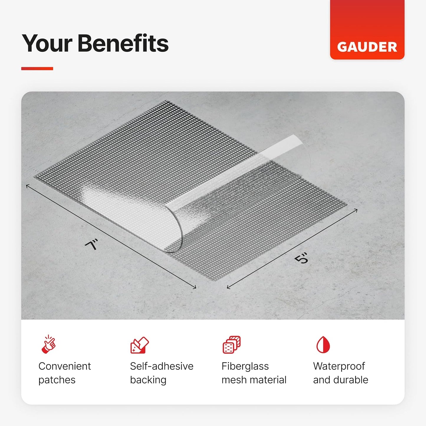 GAUDER Fly Screen Repair Patches - Insect Screen Repair Set Made from Fiberglass Self-Adhesive - for Door, Porch and Window (6 Patches - 5" x 7")