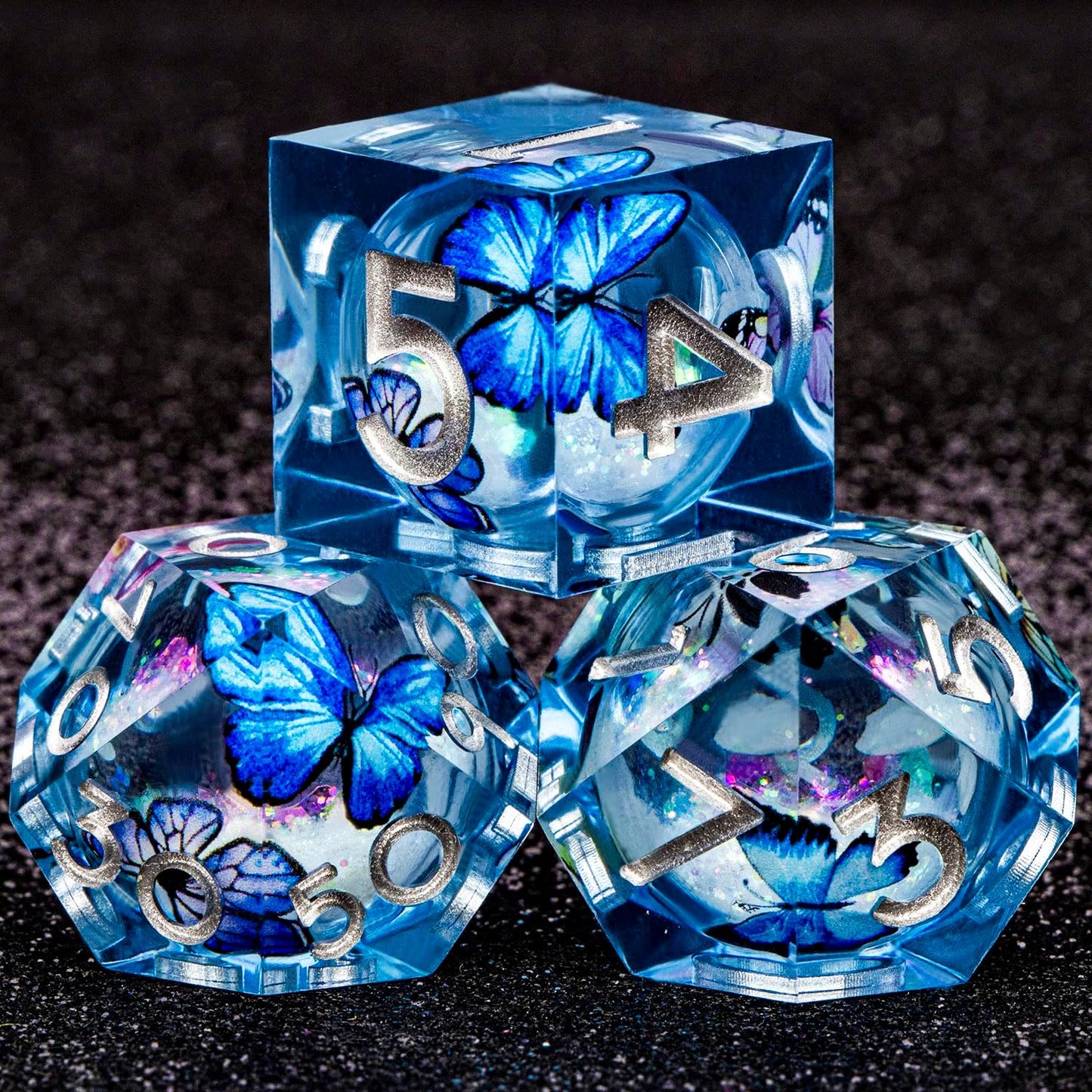 Butterfly DND Dice Colorful Blue Liquid Core Dice Set with Metal Box, Handmade Sharp Edge D and D Polyhedral Dice for use with D&D Role Playing Game, D20 D12 D10 D8 D6 ﻿