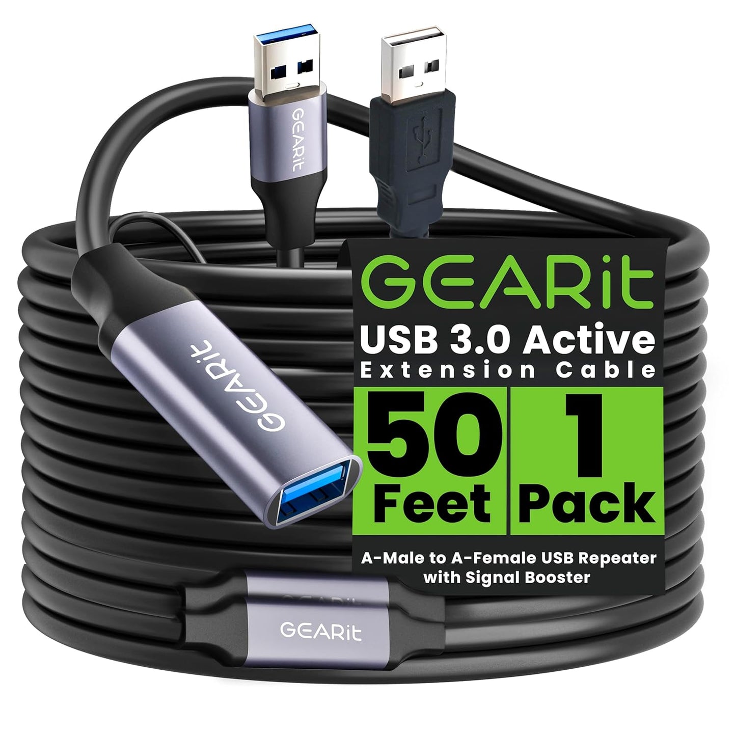 GEARit USB 3.0 Active Extension Cable (50 Feet) A-Male to A-Female USB Repeater with Signal Booster for Oculus Rift, Quest Link, Xbox 360 Kinect, PlayStation, Printer, Webcam - 50ft