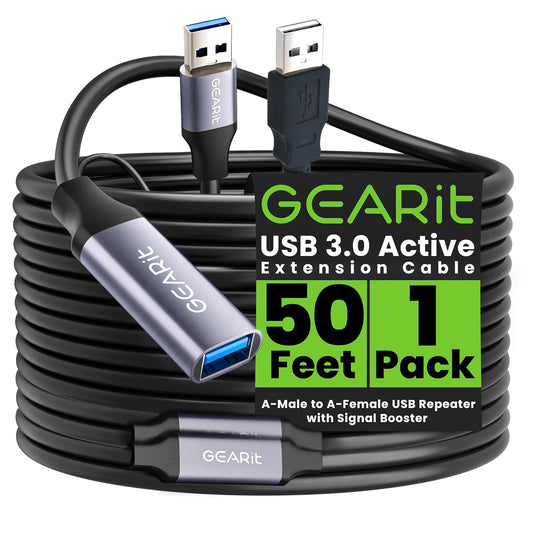 GEARit USB 3.0 Active Extension Cable (50 Feet) A-Male to A-Female USB Repeater with Signal Booster for Oculus Rift, Quest Link, Xbox 360 Kinect, PlayStation, Printer, Webcam - 50ft