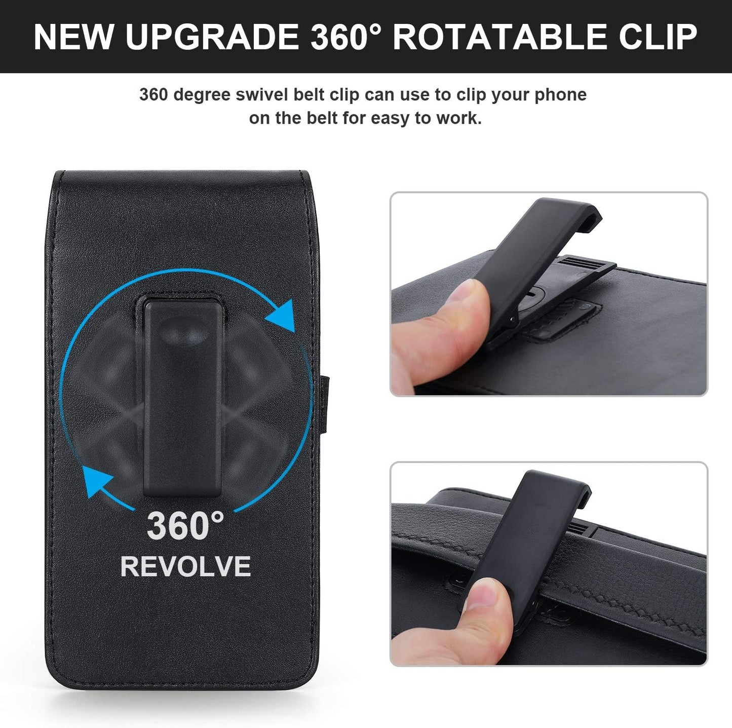 BECPLT Phone Holster for Apple iPhone 17 Pro 16/15/14/13/12/11 Pro Leather Belt Case,Swivel Clip Pouch Holster Belt Clip Case for Galaxy S25 S24 S23 S22 S21 Google Pixel 5 4a 5G 4 LG -Black