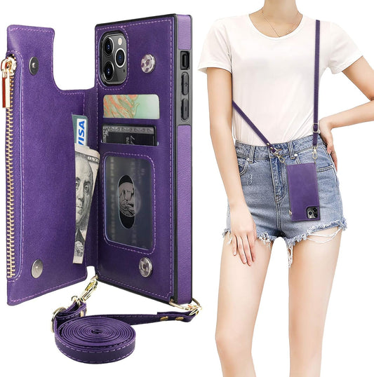 Bocasal Crossbody Wallet Case for iPhone 11 Pro with Card Holder,Zipper Card Slot Protector Shockproof Purse Cover with Removable Cross Body Strap 5.8 Inch(Purple)