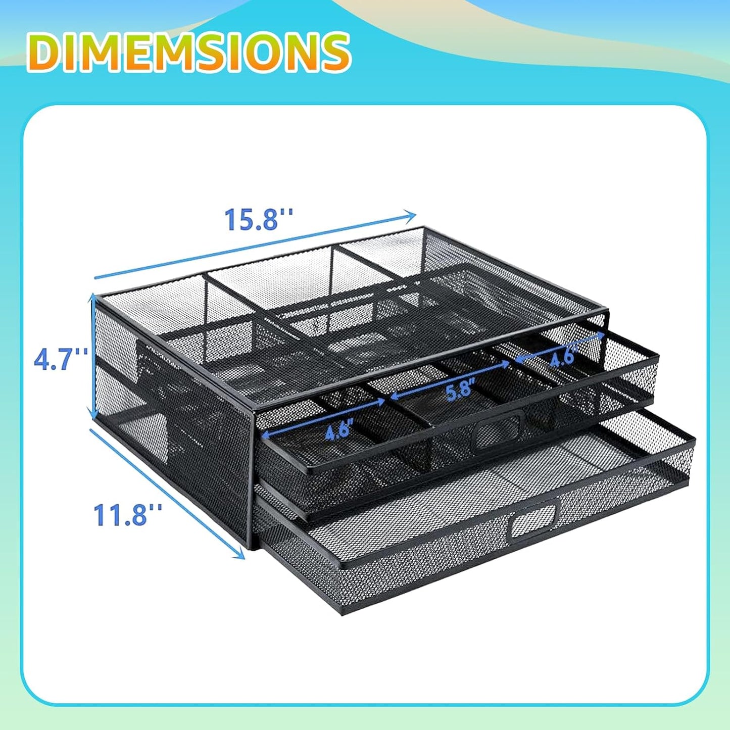 Computer Monitor Stands with Drawers, Metal Mesh Desktop Monitor Riser, Desk Storage Organizer with Drawers for PC, Laptop, Printer (Black)
