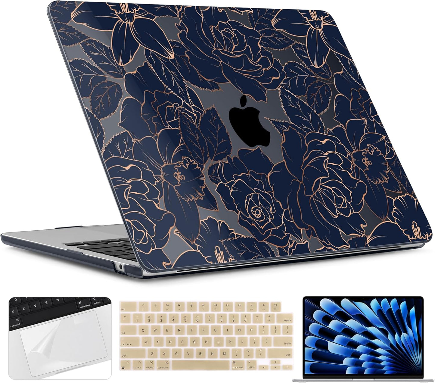 TWOLSKOO Compatible with M4 MacBook Air 15 inch Case 2025-2023 Released Model M4 A3241 M3 A3114 M2 A2941, Plastic Hard Shell & Screen Protector & Keyboard Cover & Trackpad Film, Elegant Roses