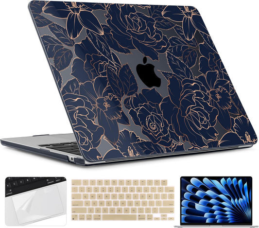 TWOLSKOO Compatible with M4 MacBook Air 15 inch Case 2025-2023 Released Model M4 A3241 M3 A3114 M2 A2941, Plastic Hard Shell & Screen Protector & Keyboard Cover & Trackpad Film, Elegant Roses
