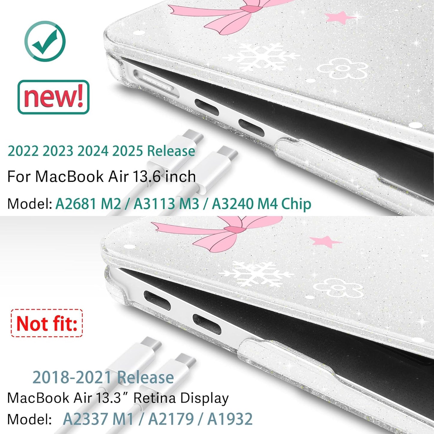 May Chen for MacBook Air 13.6 inch Case A3240 M4 A3113 M3 A2681 M2 with Retina Dispaly, 2025 2024 2023 2022 Release, Plastic Hard Shell Case with Screen Protector & Keyboard Cover, Snowflake Bow
