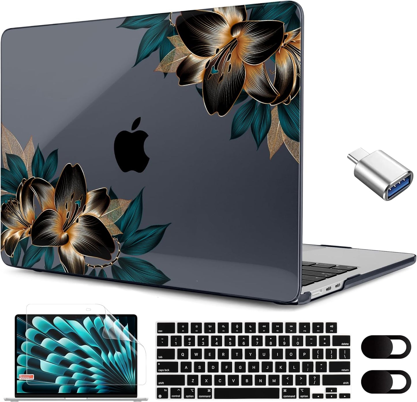 MEEgoodo for M4/M3/M2 MacBook Air 15.3 inch Case 2025 2024 2023, Case Fit Model (A3241/A3114/A2941) for MacBook Air 15 inch, Laptop Hard Shell with Keyboard Cover, Golden Lilies