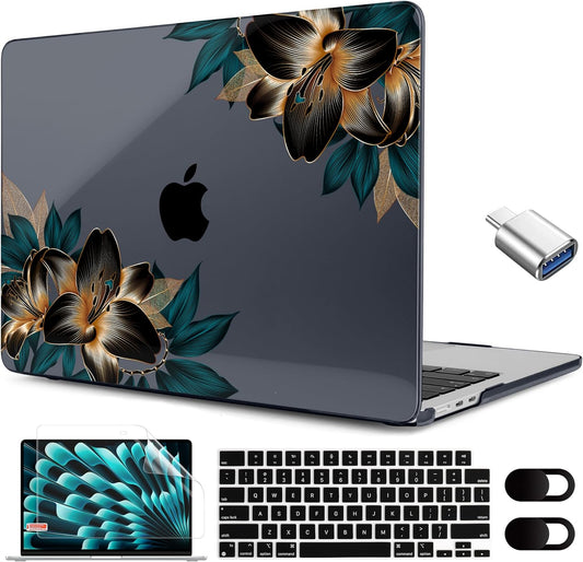 MEEgoodo for M4/M3/M2 MacBook Air 15.3 inch Case 2025 2024 2023, Case Fit Model (A3241/A3114/A2941) for MacBook Air 15 inch, Laptop Hard Shell with Keyboard Cover, Golden Lilies