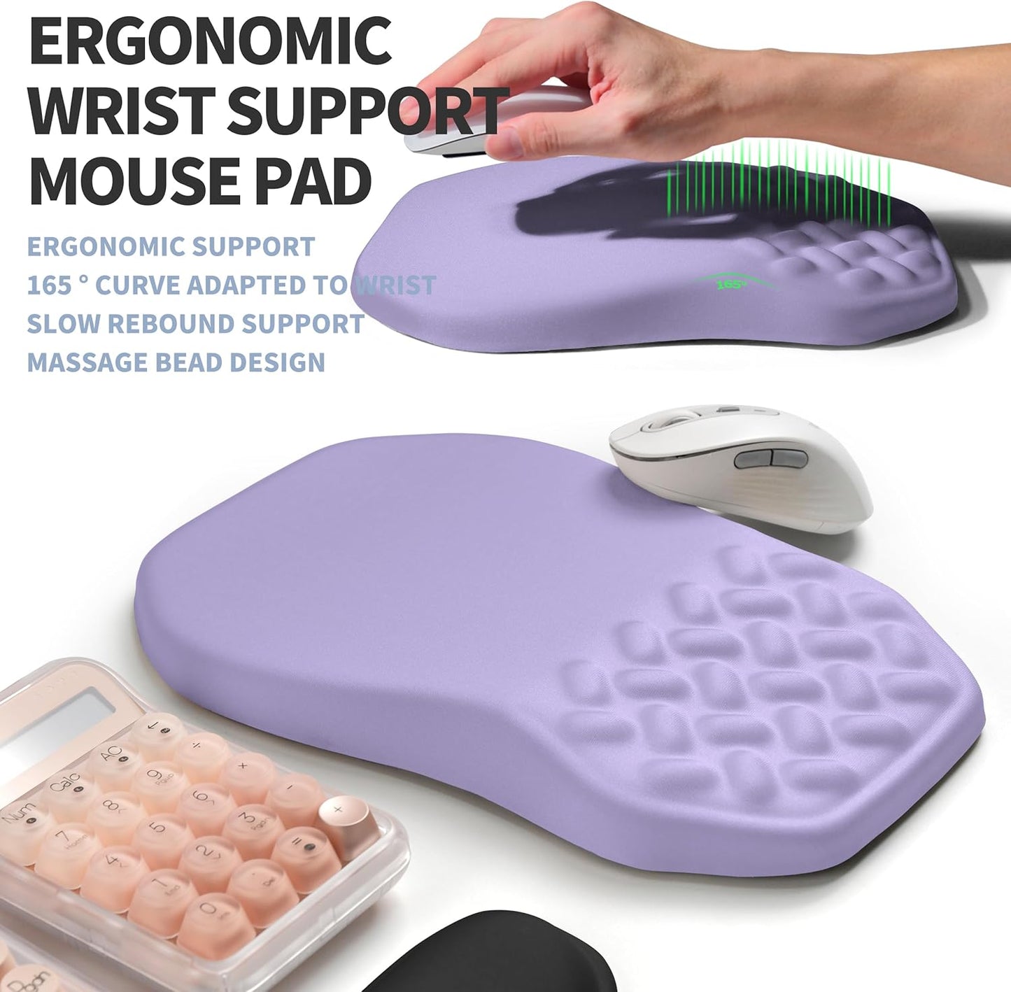 2-in-1 Ergonomic Set, Wave Keyboard Wrist Rest and Massage Slope Mouse Pad Wrist Support, Rebound Memory Foam for Relieve Carpal Tunnel Syndrome and Wrist Pain (Lavender Purple)
