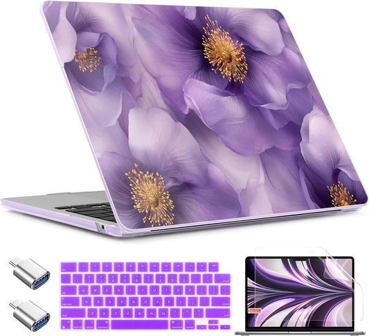 TWOLSKOO Compatible with M4 MacBook Air 13.6 inch Case 2025-2022 Release M4 A3240 M3 A3113 M2 A2681, Plastic Hard Shell & Keyboard Cover & Type C Adapter & Screen Protector, Purple Flowers